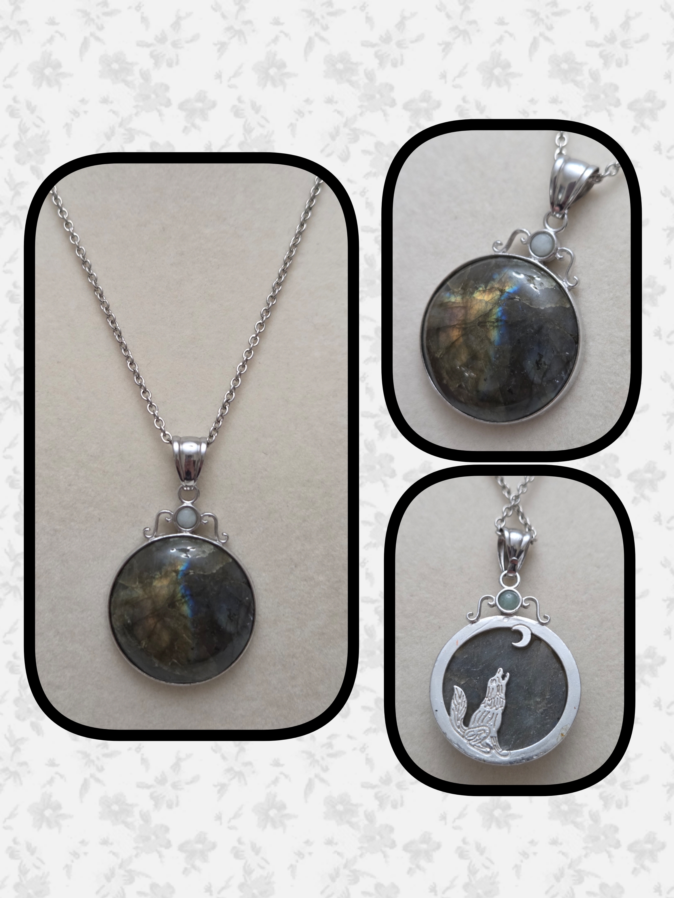 Malagasy Labradorite Reversible  Coyote Moon Pendant In Silver Tone